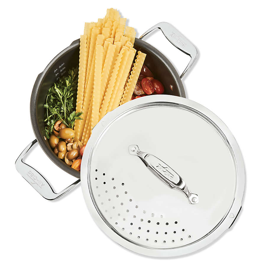 All Clad 6-Qt. Stainless Steel Non-Stick Soup Pot with Strainer Lid + Reviews | Crate & Barrel