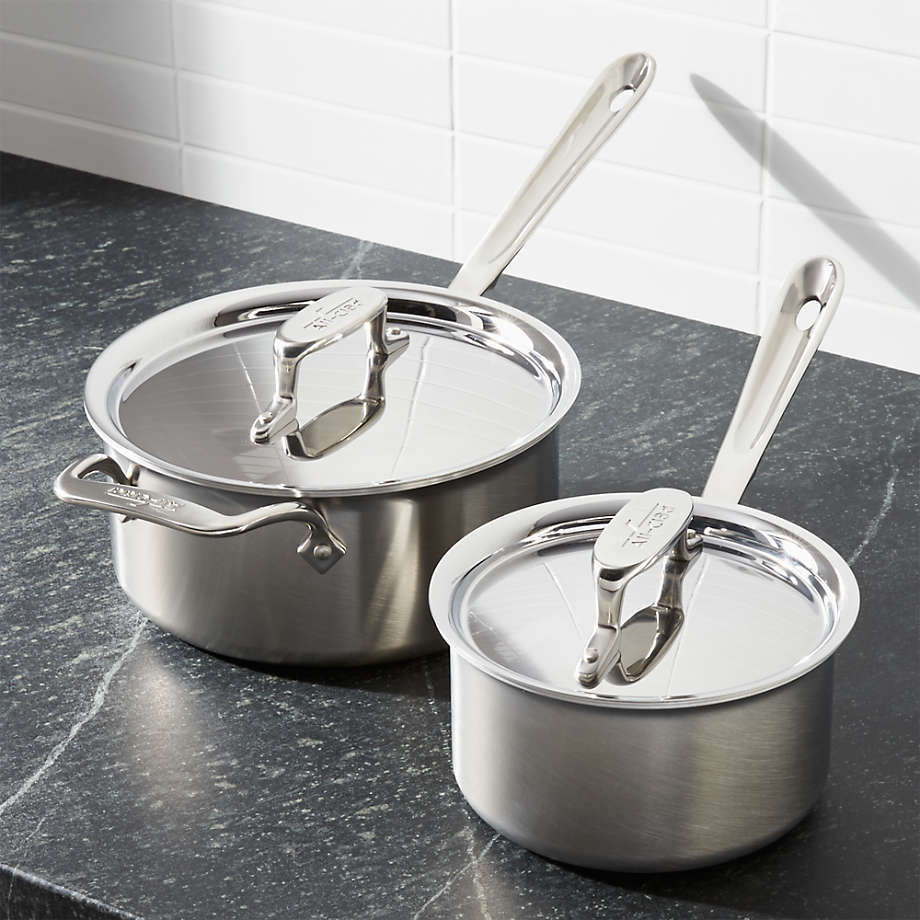 All-Clad d5 Brushed Stainless Steel Saucepans with Lids | Crate and Barrel All Clad D5 Brushed Stainless Steel Saucepans