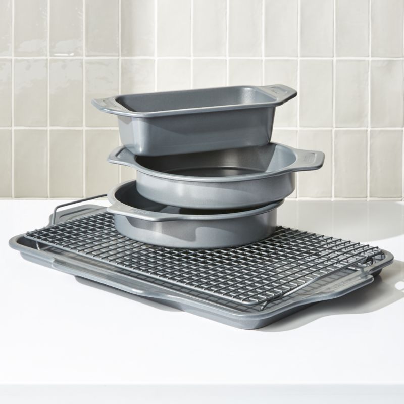 All-Clad Pro-Release Nonstick Bakeware Set Including Half Sheet, Cooling & Baking Rack, Round Cake, Loaf Pan, 5 Piece, Gray