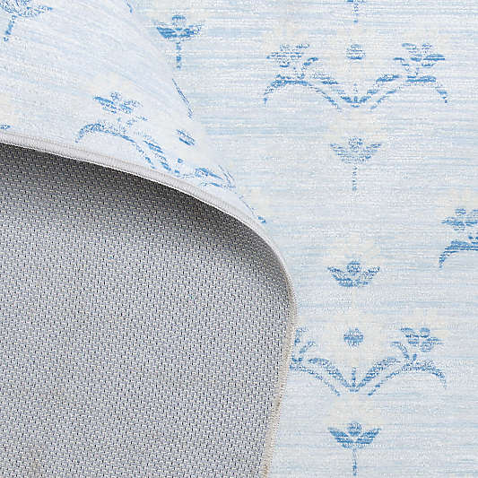Alma Blue Floral Washable Kids Area Rug