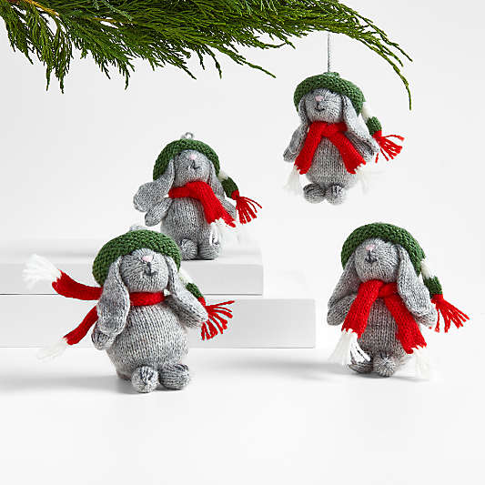 Alpaca Grey Bunny with Hat and Scarf Christmas Tree Ornament, Set of 4