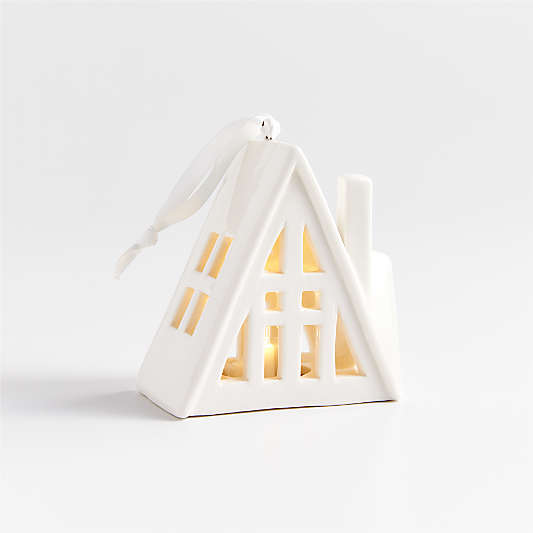 Light-Up White Ceramic Alpine A-Frame Christmas Tree Ornament