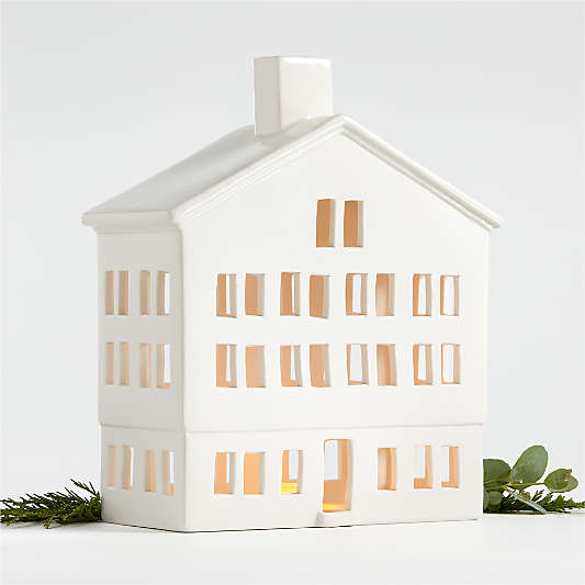 White Ceramic Christmas Houses 2023 Crate Barrel   White Ceramic Holiday Alpine Chalet Hotel 