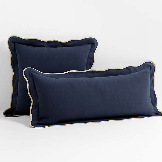 Amalfi Cotton Linen Scallop Edge 23''x23 Deep Indigo Blue Throw Pillow Cover