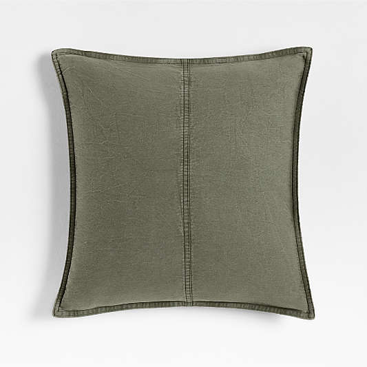 Amanha Washed Organic Cotton Denim 20"x20" Burnt Green Throw Pillow with Feather Insert