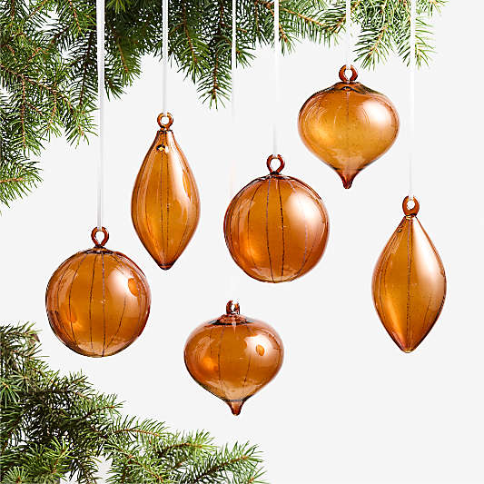 Amber Glass Christmas Tree Ornaments, Set of 6