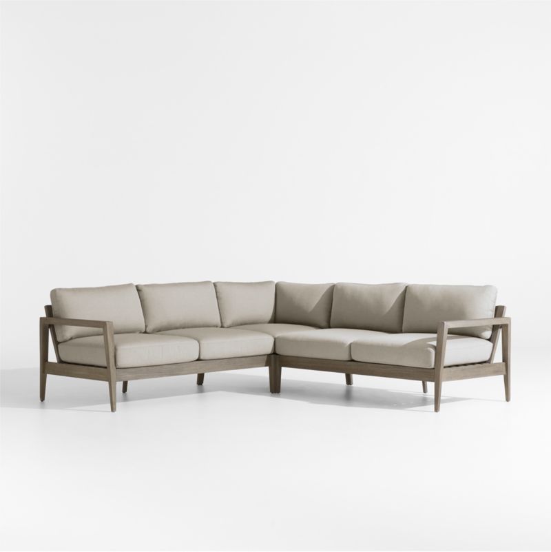 Andorra Weathered Grey Wood -Piece L-Shaped Outdoor Sectional Sofa with Taupe Cushions