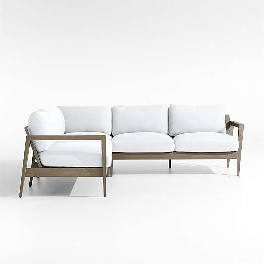 Andorra Weathered Grey Wood 3-Piece L-Shaped Outdoor Sectional Sofa with White Sunbrella ® Cushions
