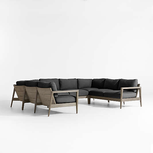 Andorra Weathered Grey Wood 6-Piece Petite U-Shaped Outdoor Sectional Sofa with Charcoal Grey Sunbrella ® Cushions