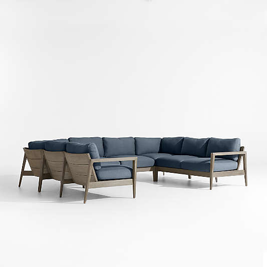 Andorra Weathered Grey Wood 6-Piece Petite U-Shaped Outdoor Sectional Sofa with Harbor Blue Sunbrella ® Cushions