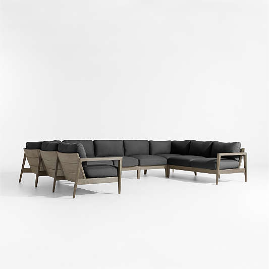 Andorra Weathered Grey Wood 7-Piece U-Shaped Outdoor Sectional Sofa with Charcoal Grey Sunbrella ® Cushions