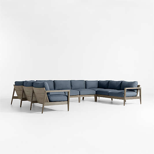Andorra Weathered Grey Wood 7-Piece U-Shaped Outdoor Sectional Sofa with Harbor Blue Sunbrella ® Cushions