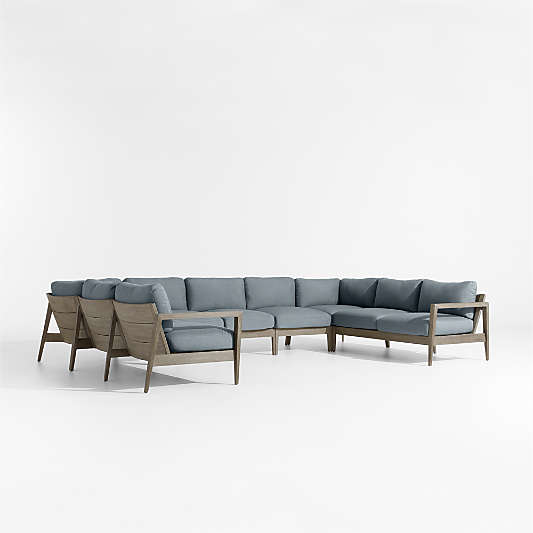 Andorra Weathered Grey Wood 7-Piece U-Shaped Outdoor Sectional Sofa with Haze Grey Sunbrella ® Cushions