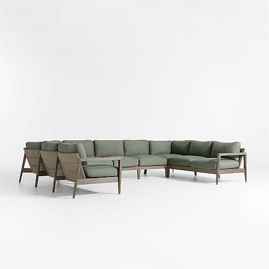 Andorra Weathered Grey Wood 7-Piece U-Shaped Outdoor Sectional Sofa with Sage Green Sunbrella ® Cushions