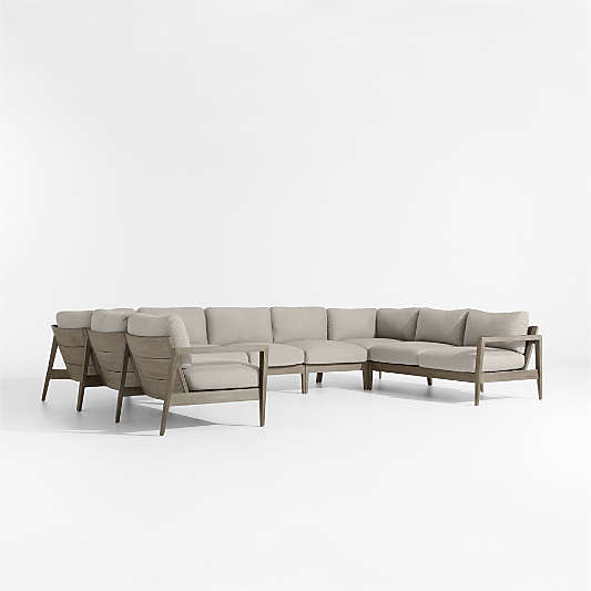 Andorra Weathered Grey Wood 7-Piece U-Shaped Outdoor Sectional Sofa with Silver Sunbrella ® Cushions