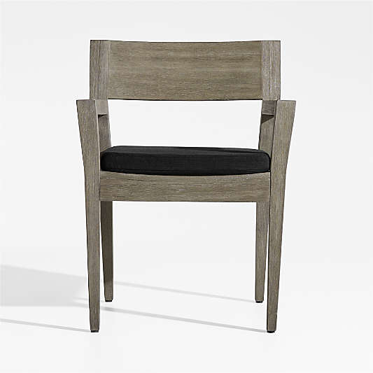 Andorra Weathered Grey Wood Outdoor Dining Arm Chair with Black Sunbrella ® Cushion