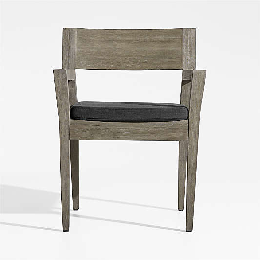 Andorra Weathered Grey Wood Outdoor Dining Arm Chair with Charcoal Grey Sunbrella ® Cushion