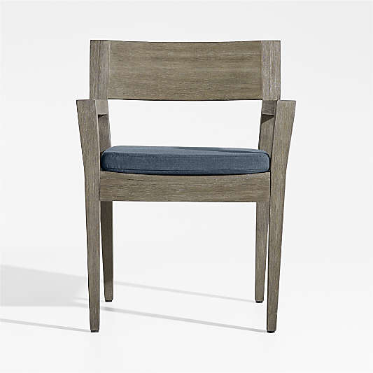 Andorra Weathered Grey Wood Outdoor Dining Arm Chair with Harbor Blue Sunbrella ® Cushion