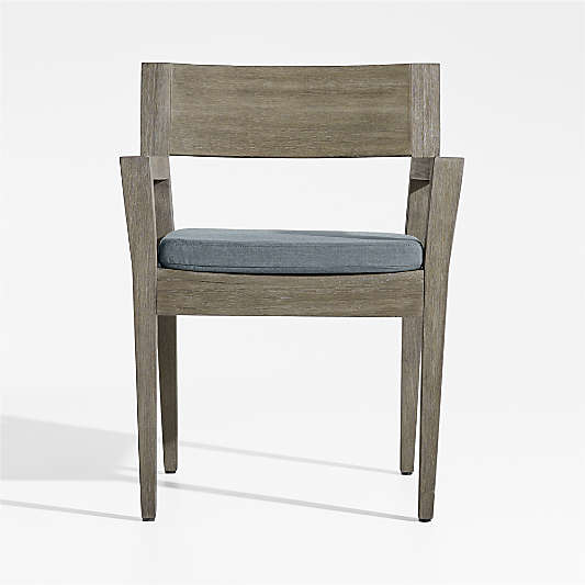 Andorra Weathered Grey Wood Outdoor Dining Arm Chair with Haze Grey Sunbrella ® Cushion