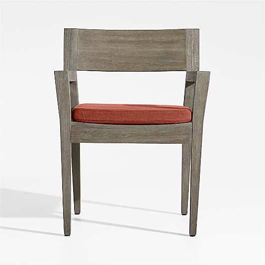 Andorra Weathered Grey Wood Outdoor Dining Arm Chair with Henna Red Sunbrella ® Cushion