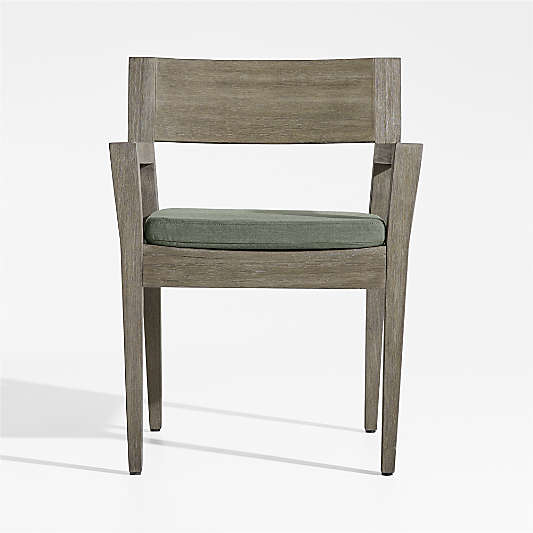 Andorra Weathered Grey Wood Outdoor Dining Arm Chair with Sage Sunbrella ® Cushion