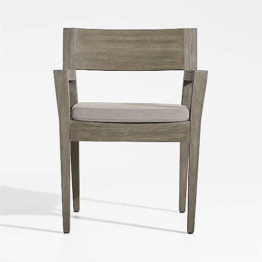 Andorra Weathered Grey Wood Outdoor Dining Arm Chair with Silver Sunbrella ® Cushion