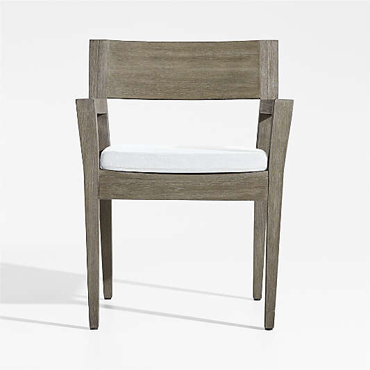 Andorra Weathered Grey Wood Outdoor Dining Arm Chair with White Sunbrella ® Cushion