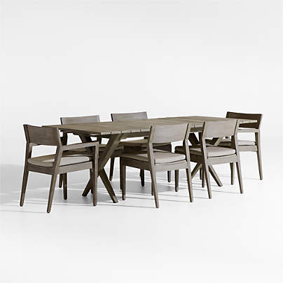 Andorra Weathered Grey Wood Outdoor Extendable Dining Table Set with Stackable Side Chairs
