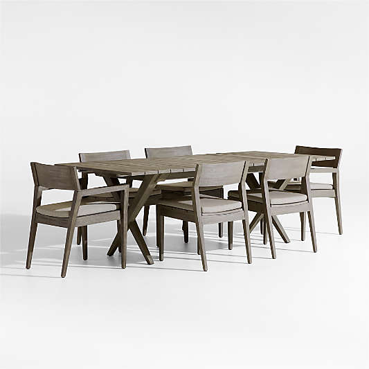 Andorra Weathered Grey Wood Outdoor Extendable Dining Table Set with Stackable Side Chairs and Taupe Cushions