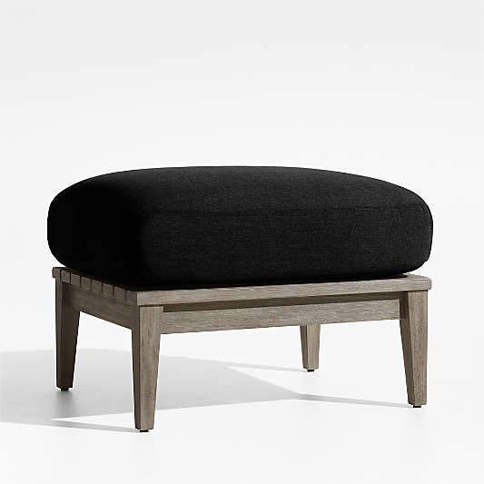 Andorra Weathered Grey Wood Outdoor Ottoman with Black Sunbrella ® Cushion