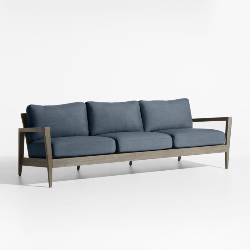 Andorra 97" Weathered Grey Wood Outdoor Sofa with Harbor Blue Sunbrella ® Cushions - image 3 of 7