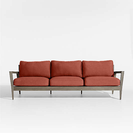 Andorra 97" Weathered Grey Wood Outdoor Sofa with Henna Red Sunbrella ® Cushions