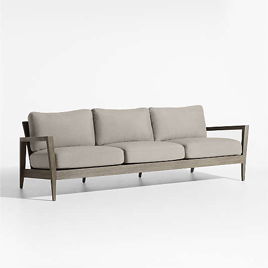 Andorra 97" Weathered Grey Wood Outdoor Sofa with Silver Sunbrella ® Cushions