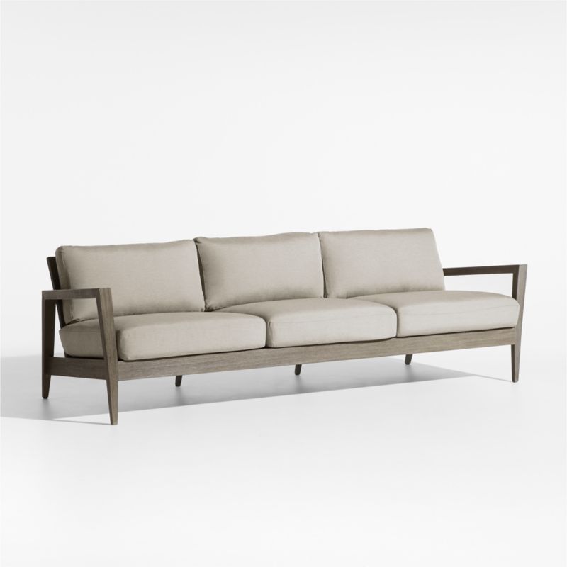 Andorra 97" Weathered Grey Wood Outdoor Sofa with Taupe Cushions