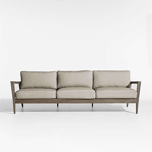 Andorra Weathered Grey Wood Outdoor Sofa with Taupe Cushions