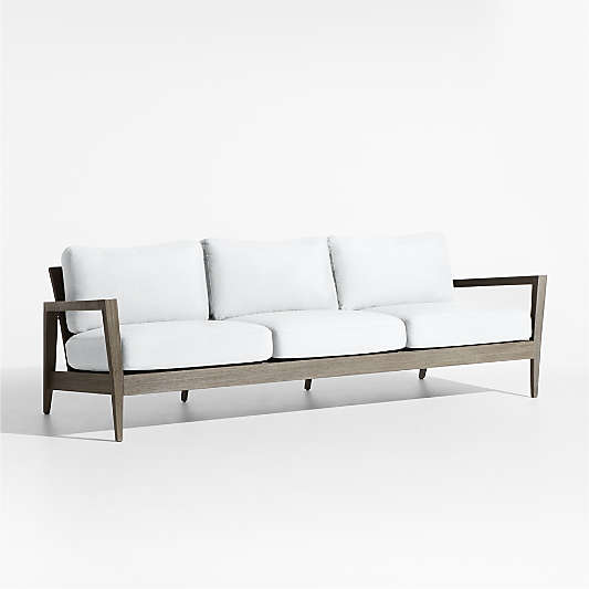 Andorra 97" Weathered Grey Wood Outdoor Sofa with White Sunbrella ® Cushions