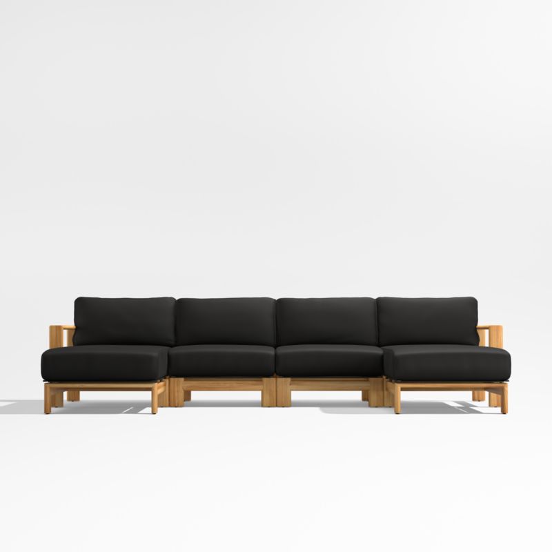 Anguilla Teak -Piece Double-Chaise Outdoor Sectional Sofa with Black Cushions