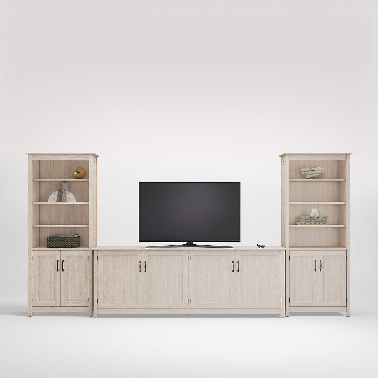 Ainsworth Pickled Oak 85" Media Center and Two 30" Towers with Glass