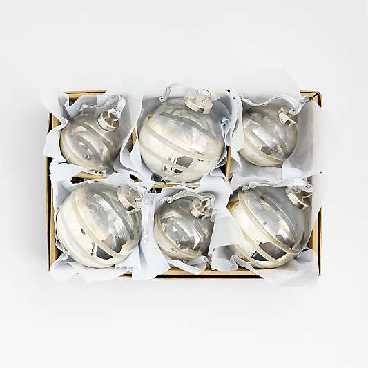 Antique Pewter Banded Glass Christmas Tree Ornaments, Boxed Set of 6