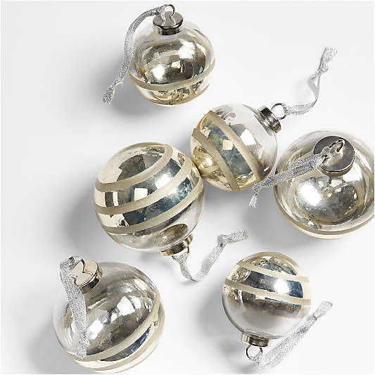 Antique Pewter Banded Glass Christmas Tree Ornaments, Boxed Set of 6