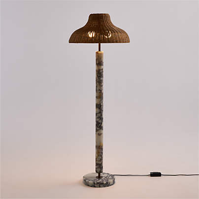 Aphra White Marble Floor Lamp with Rattan Shade