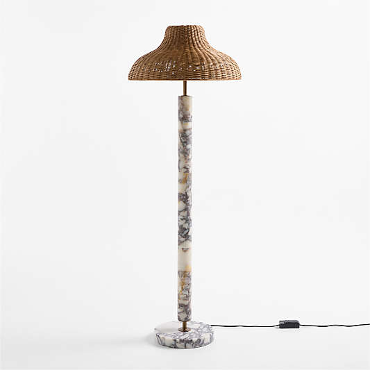 Aphra White Marble Floor Lamp with Rattan Shade