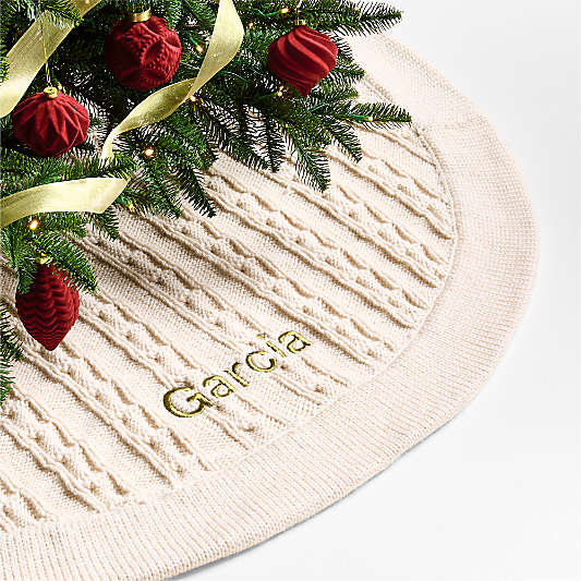 48-Inch Cable Knit Christmas Tree Skirt - Cream White With Wooden Toggle Buttons