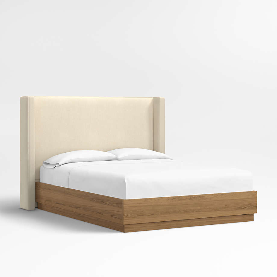 Arden 52" Boucle Ivory Upholstered King Headboard with Batten Brown Oak Storage Bed Base Crate
