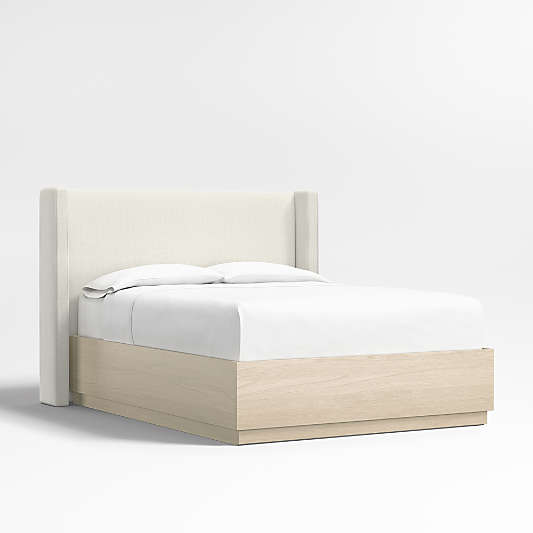 Arden 52" Ivory Queen Upholstered Headboard with Batten White Oak Storage Bed Base