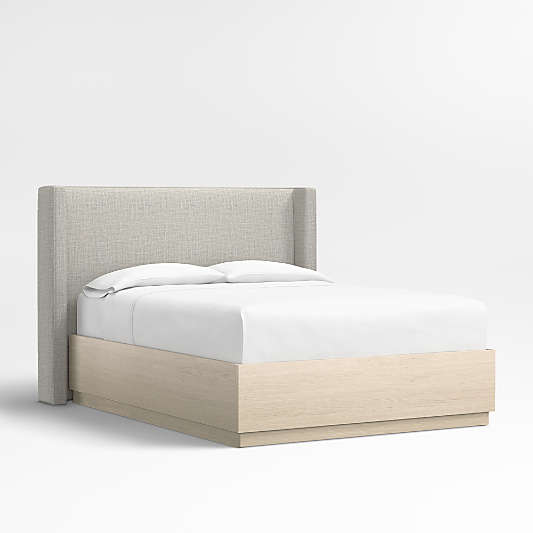 Arden 52" Mist Grey Upholstered Queen Headboard with Batten White Oak Storage Bed Base