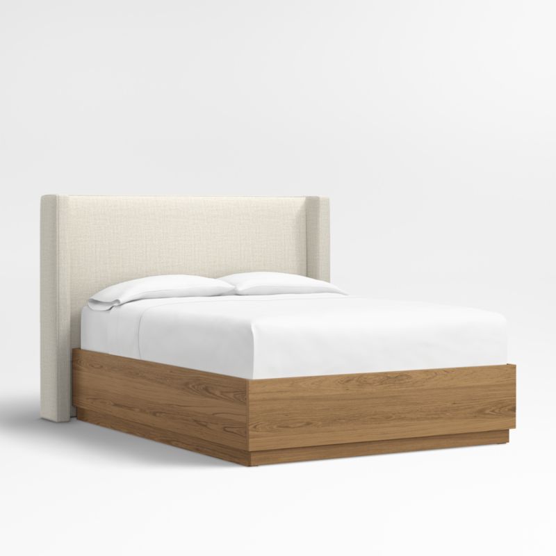 Arden 52" Natural Beige Upholstered Queen Headboard with Batten Oak Storage Bed Base