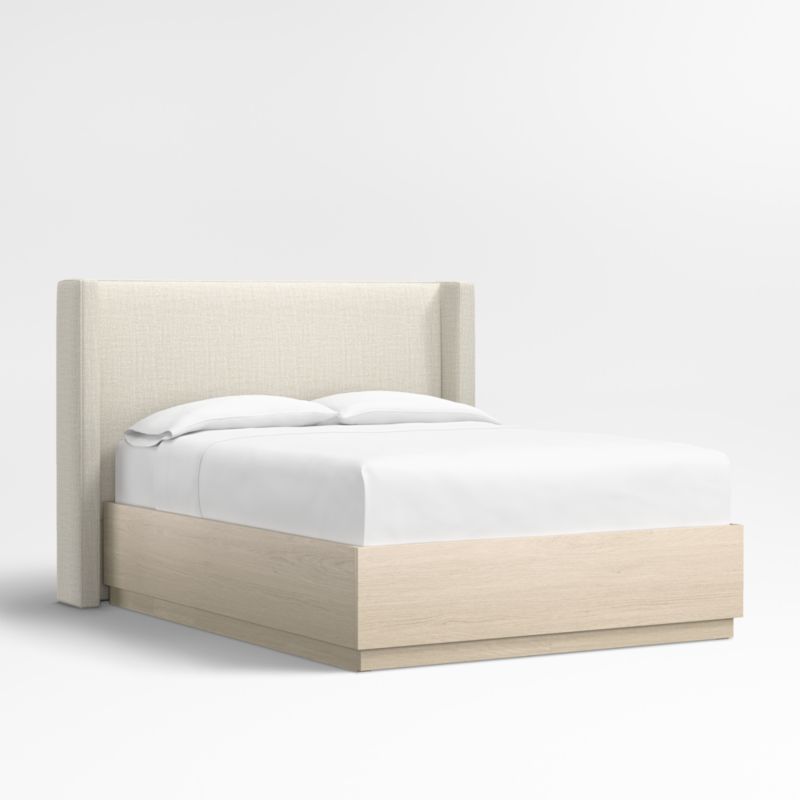 Arden 52" Natural Beige Upholstered Queen Headboard with Batten White Oak Storage Bed Base - image 0 of 6