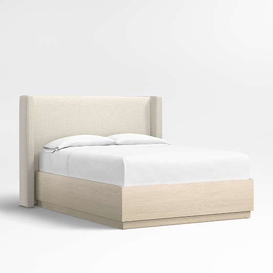 Arden 52" Natural Beige Upholstered Queen Headboard with Batten White Oak Storage Bed Base