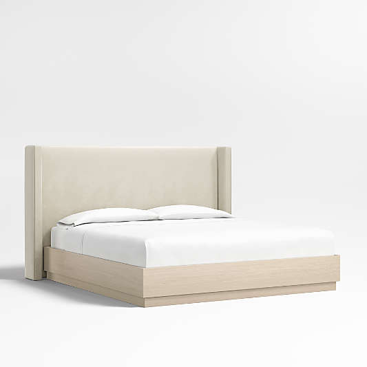 Arden 52" Beige Upholstered King Headboard with Batten White Oak Bed Base